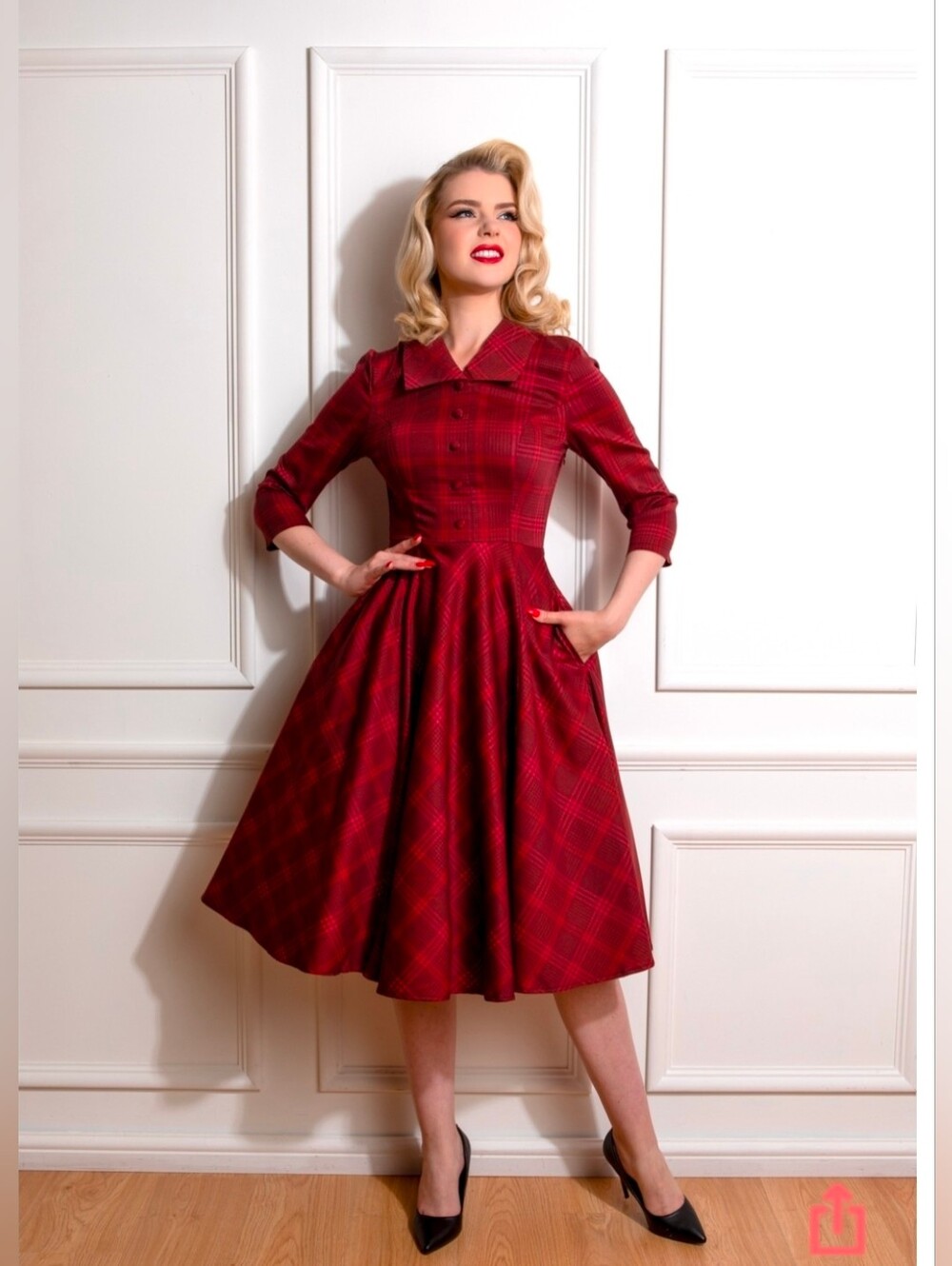 Hearts & Roses Retro Red Plaid Midi Dress with Button-Front Bodice - Size XXL